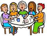Five Cartoon Women Sit Around A Table, Smiling And Engaged In Conversation