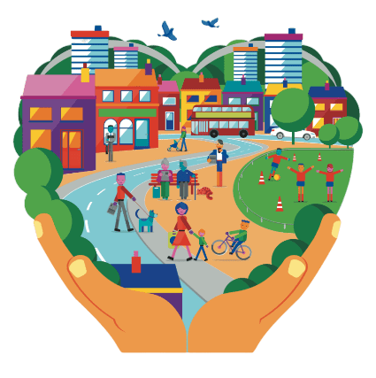 Heart Design Featuring A City Scene With Small Individuals And Buildings