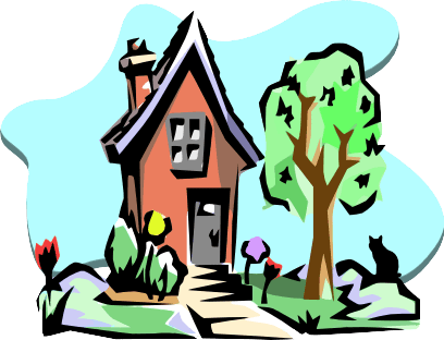 Illustrated Image Of A Small Red House With A Slanted Roof, Surrounded By Trees, Plants, And A Black Cat Sitting Near The Entrance Path.